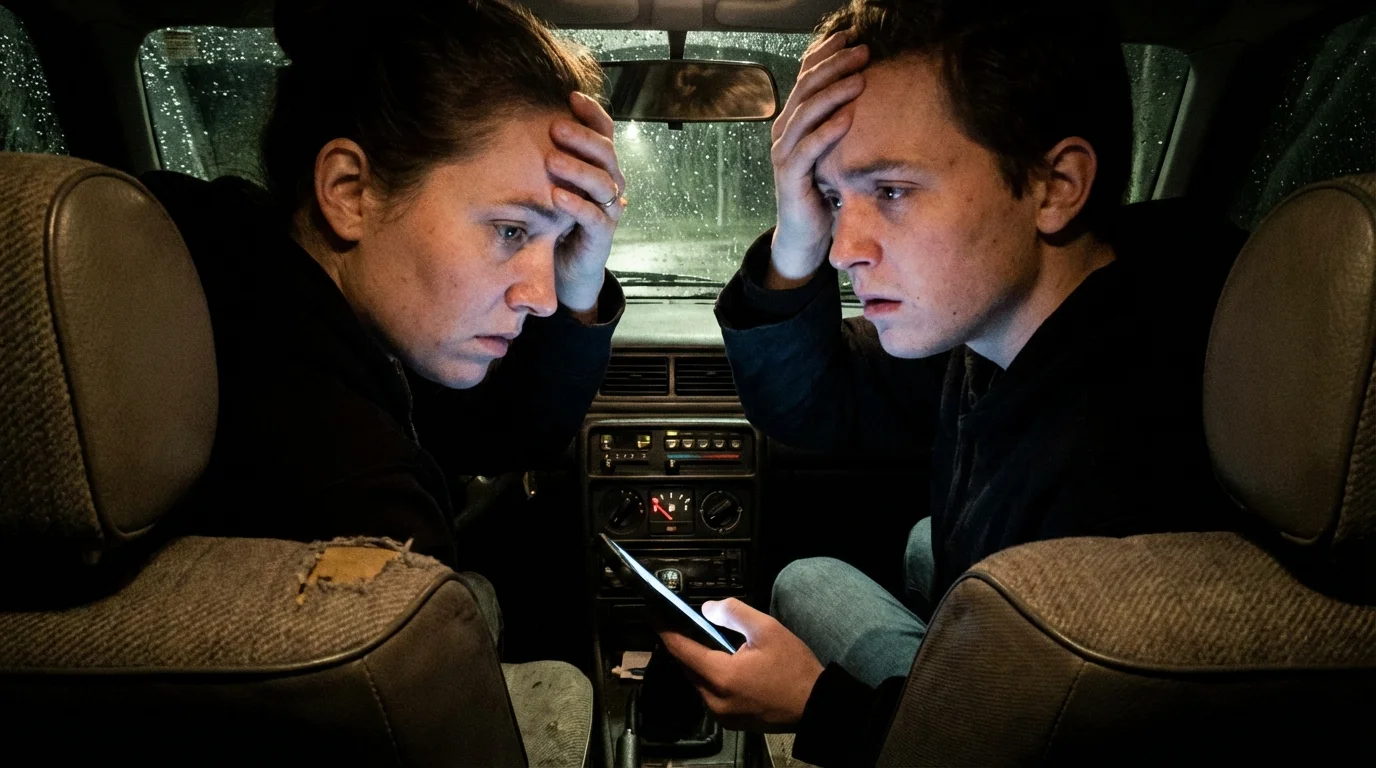 A worried driver looking at their car's empty fuel tank gauge.