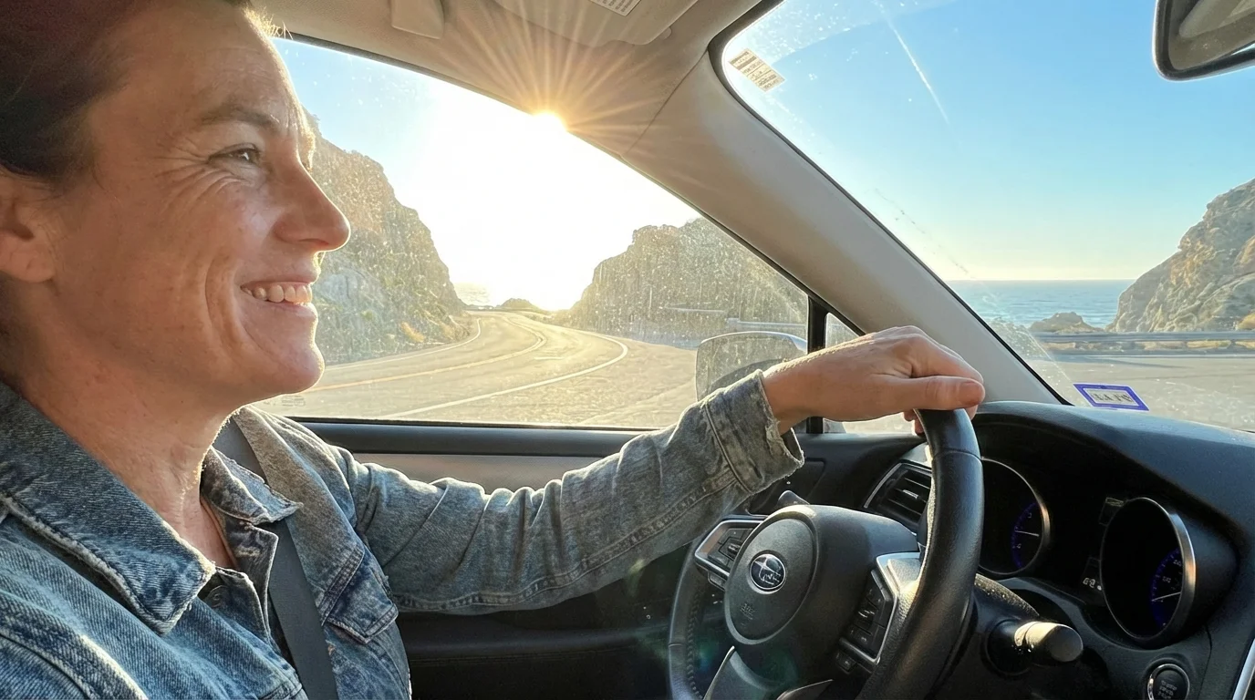 A happy driver enjoying a long road trip without fuel worries.