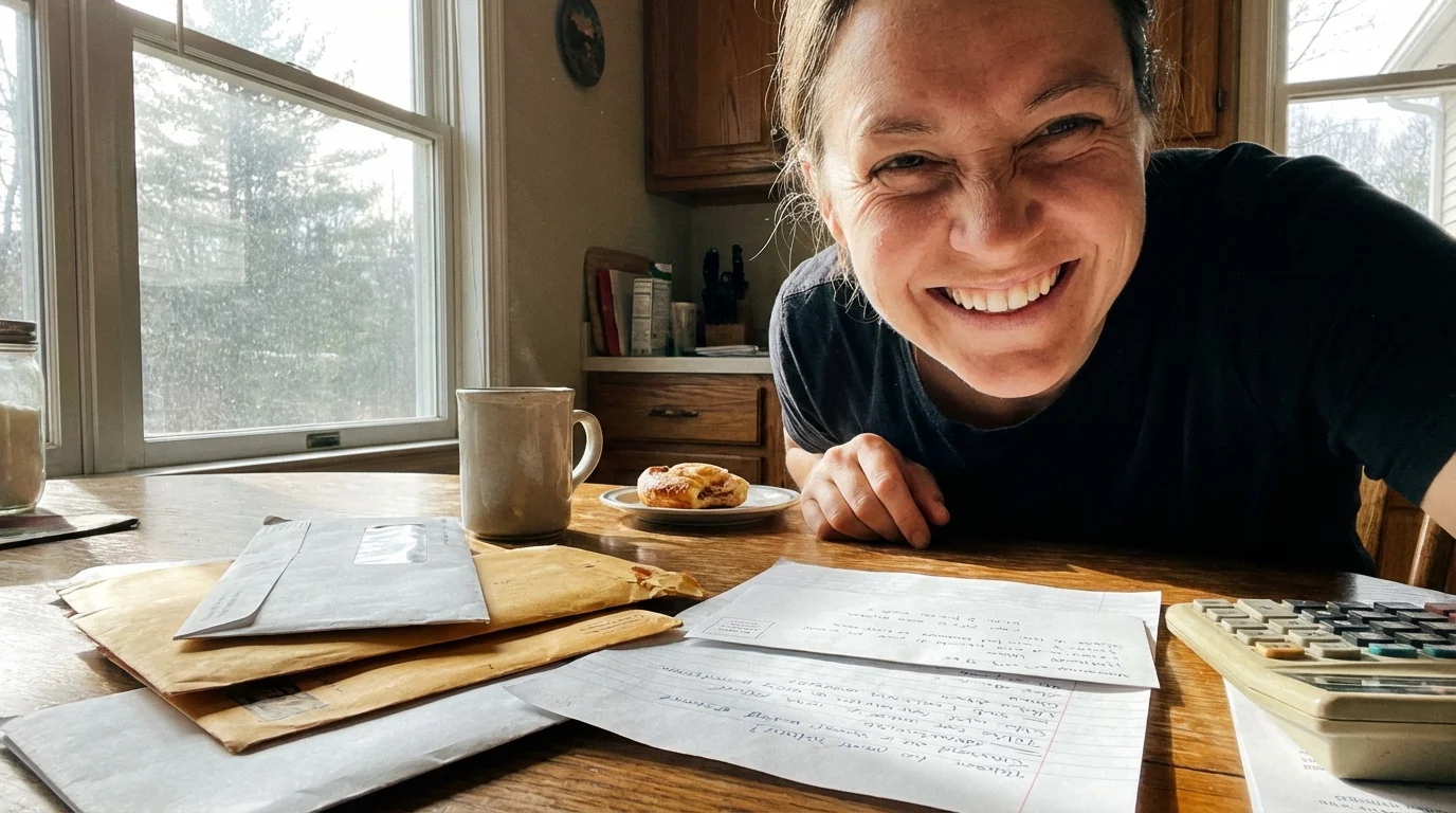 A happy person calculating their monthly fuel savings.