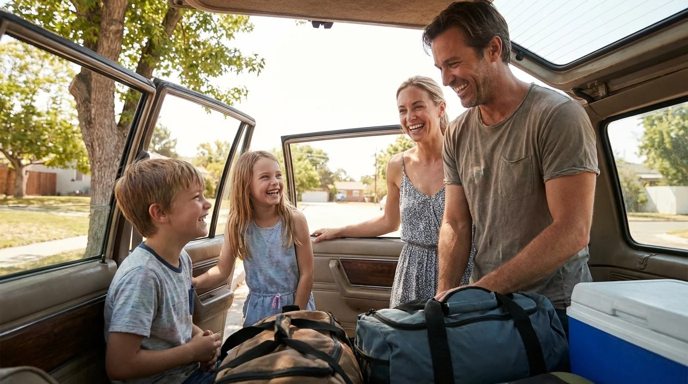 A family happily preparing for a vacation, with less worry about gas prices.